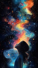 Fototapeta premium Contemplative woman gazing at cosmic colors outer space digital art ethereal environment side view imagination and inspiration