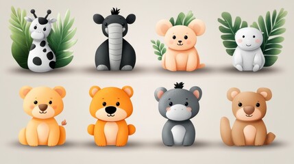 Fototapeta premium Cute Cartoon Animals with Green Foliage Background for Kids Design