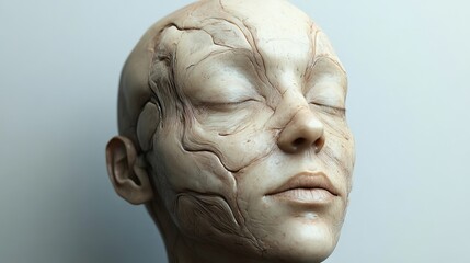 Obraz premium Sculptural representation of a serene figure with intricate facial details and textures captured in a minimalist setting