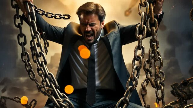 A man in a suit breaks free from chains in a dramatic representation of financial freedom, showcasing strength and determination against a dark, fantasy-inspired background