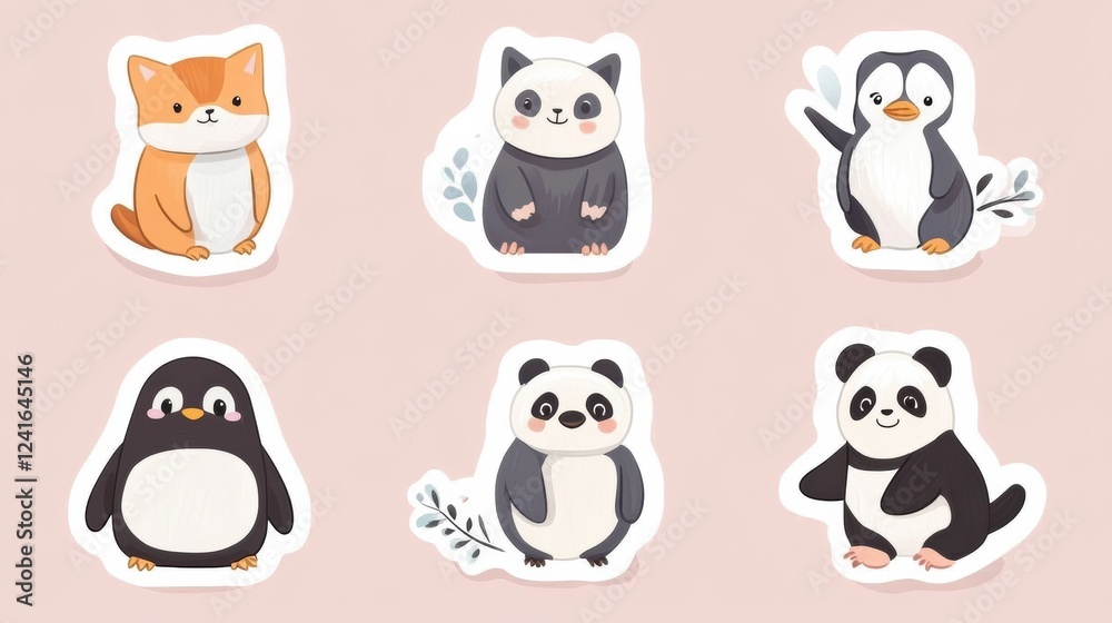 Aufkleber cute animal stickers featuring playful designs of foxes, pandas, and penguins on a soft background. 
