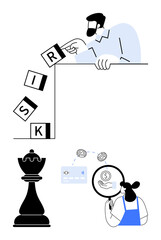 Man placing letters R,I,S,K on edge, toppling arranged blocks. Woman examining financial details with magnifying glass, chess piece symbolizing strategic decision-making. Ideal for finance, risk