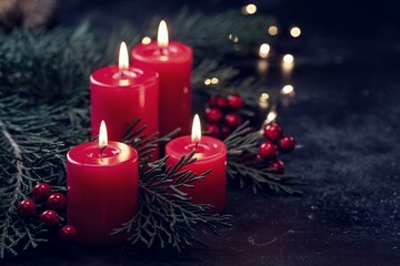 Red candles on dark background with Christmas tree branches