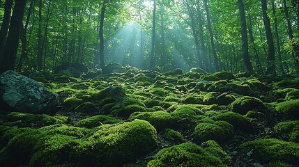Fototapeta premium Lush green forest with sunlight filtering through trees, illuminating moss-covered rocks and serene nature