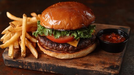 Burger and Fries on Wooden Plank.