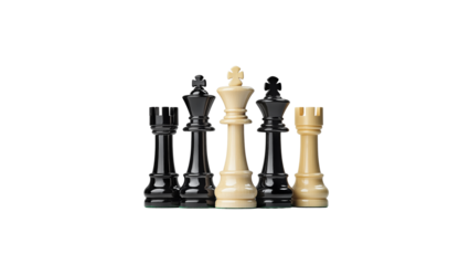 Chess pieces in black and white, symbolizing strategy and competition. king stands tall among other pieces, representing leadership and power,white isolated background