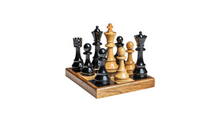 wooden chessboard with black and wooden chess pieces arranged for game. pieces include king, queen, rooks, knights, bishops, and pawns, showcasing classic design,white isolated background