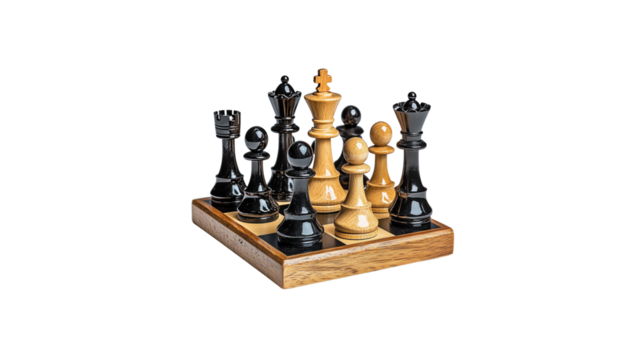 wooden chessboard with black and wooden chess pieces arranged for game. pieces include king, queen, rooks, knights, bishops, and pawns, showcasing classic design,white isolated background
