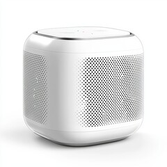 Sleek white wireless speaker with modern minimalist design, isolated on a bright white background