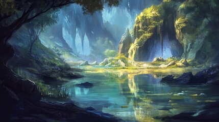 Enchanted Forest With Bright Water Reflecting Lush Greenery