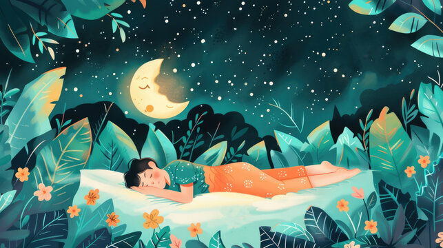 watercolor illustration, World Sleep Day, sleeping man in a forest clearing, night starry sky, background, vintage postcard, copy space, free space for text