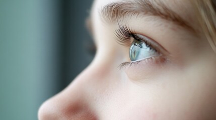 Fototapeta premium Close-up of a child's eye looking away, reflecting light, peaceful expression.