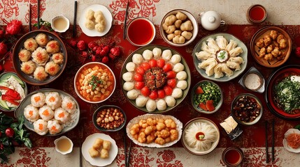 A table set with various Chinese dishes and foods.