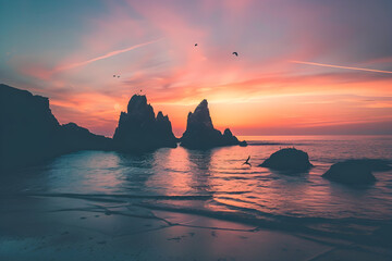 Tranquil Sunset at Rocky Coastline with Gentle Waves and Silhouetted Seagulls