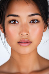 Fototapeta premium close up portrait of young asian thai woman with wheat colored skin and amber open eyes, exuding calm and serene expression. Her flawless complexion and natural beauty are captivating