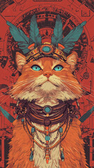 Regal Cat with Tribal Jewelry and Feathers in Vibrant Colors 