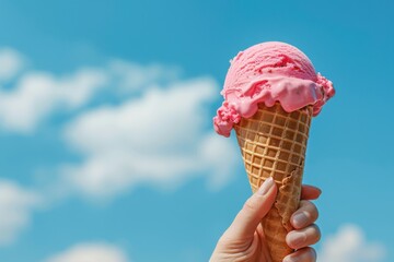 Hand of a woman holding a rosewater ice cream cone on a white background, focusing on the soft pink color and floral flavor
