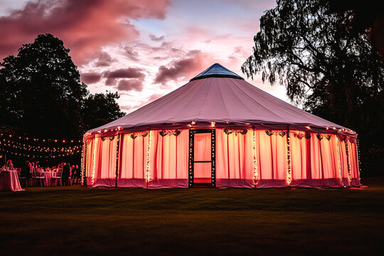 Yourte illuminée installée dans un parc pour réception, mariage, évènement, festif