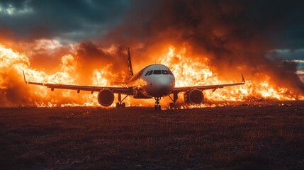 Fototapeta na wymiar An airplane engulfed in flames on a runway.