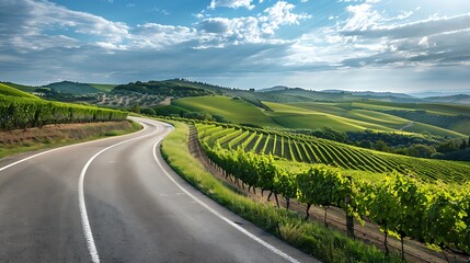 A highway surrounded by lush vineyards and rolling hills, with rows of grapevines lining the road.