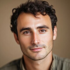 Obraz premium Man with curly hair and warm expression poses for a close-up portrait indoors during soft lighting. Generative AI