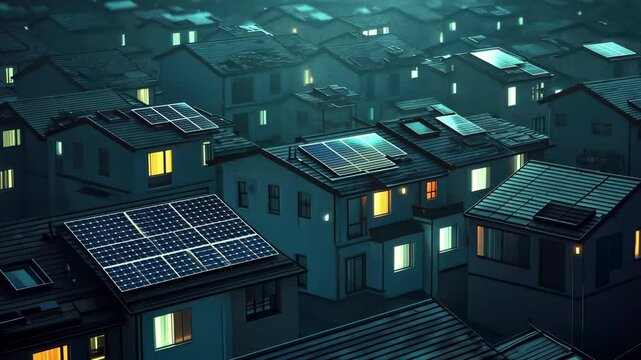 Modern residential houses with solar panels on rooftops in an eco-friendly neighborhood at night
