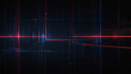 This image showcases a dark blue digital grid pattern on a black background, featuring glowing red lines and dots. The design creates a futuristic and high-tech atmosphere, perfect for digital art