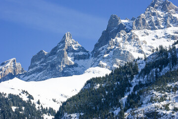 A snowy rocky mountain range and blue sky with a forest near a ski resort in the French or Swiss Alps in the winter