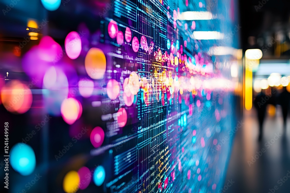 Poster abstract digital technology background with glowing bokeh lights and data code visualization on dark