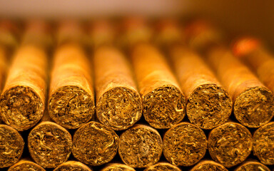 Close up of a pile of Cuban cigars stacked up and ready to be sold