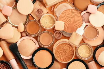 Varieties of face powders and foundations for perfect complexion, basic make up products to even out and matte skin, beauty cosmetics with brushes and sponges