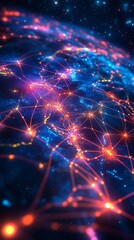 A vibrant and intricate network of interconnected nodes and lines set against a stunning backdrop of stars and galaxies.