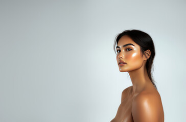 Obraz premium stunning portrait of asian hawaiian mixed races woman with glowing skin and long dark hair, showcasing side profile against soft gray background. image captures beauty and elegance