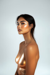 Obraz premium stunning asian hawaiian mixed races model with glowing skin poses elegantly against neutral background, showcasing radiant look. golden tones SKIN plain white back ground