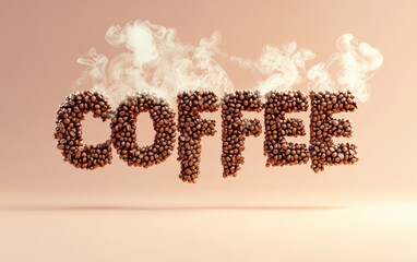 of the word COFFEE crafted from roasted coffee beans and steam, on a pastel background