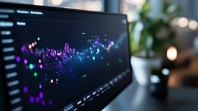 Glowing data visualization graph with purple and blue dots on dark computer screen, blurred office background with plant. Financial analytics dashboard.