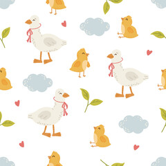 Easter seamless pattern, egg, bunny, cake, chicken, plants vector
