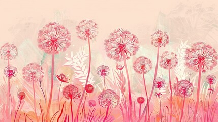 Obraz premium A dandelion field in green grass under a pink sky