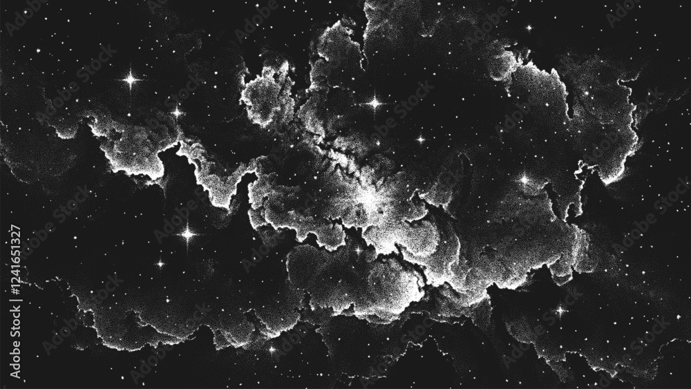 Wall mural deep space scene background in stippling style with glowing stars cluster and mesmerizing huge nebul
