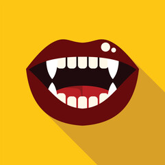 Naklejka premium Open mouth with fangs showing teeth and red lips on a yellow background, ideal for halloween projects