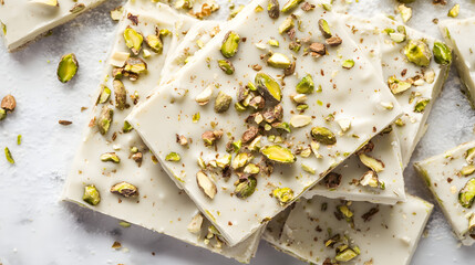 Pistachio and white chocolate bark with a crunchy, sweet, and nutty finish, perfect for holiday gifting.
