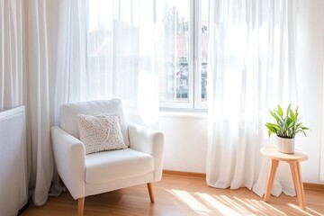 Fototapeta premium Minimalist living room features a soft white armchair by a sunlit window with sheer curtains and a small potted plant