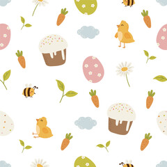 Easter seamless pattern, egg, bunny, cake, chicken, plants vector