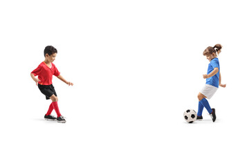 Girl and boy playing football