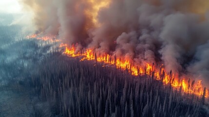 Obraz premium An aerial view of a wildfire spreading through a dense forest, with thick smoke covering the area and patches of intense fire.