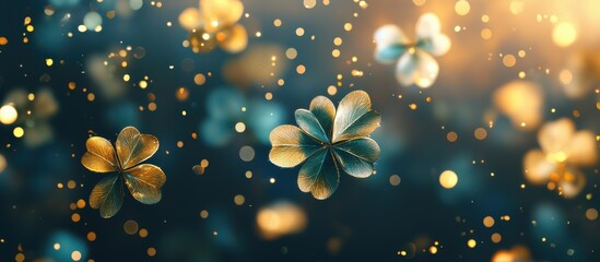 Ultra-modern mockup background with floating clover leaves, delicate golden bokeh lights, and a refined modern aesthetic