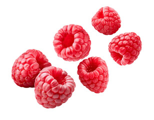 falling raspberries isolated on white background, cutout