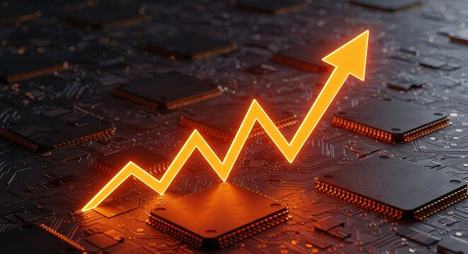 Glowing orange arrow ascends on a dark circuit board, symbolizing technological advancement and progress in the digital world. Microchips glow warmly.