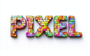 Obraz premium of the word PIXEL made from colorful pixelated squares, isolated on white