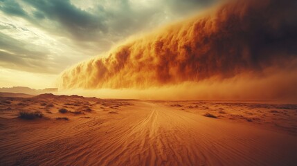 A vast desert landscape engulfed by a powerful sandstorm, swirling sand particles in the air, reducing visibility.